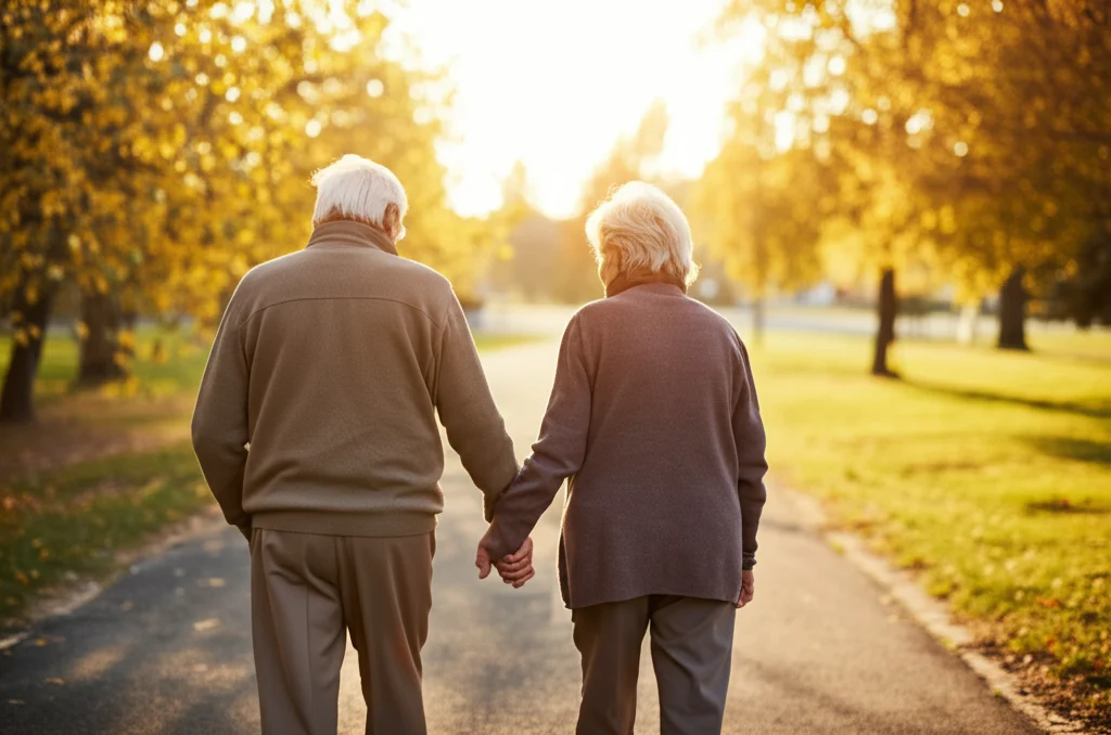 Fotografia grandangolare (24mm) di due persone anziane, forse una coppia, che camminano lentamente mano nella mano in un parco durante l'autunno. Luce dorata del tardo pomeriggio. Messa a fuoco nitida sulla coppia, sfondo leggermente sfocato. Simboleggia il percorso della vita anziana con le sue sfide (dolore) e supporti (cura, legami).