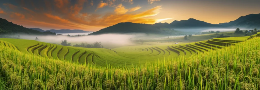 Fotografia panoramica di un paesaggio vietnamita all'alba, campi di riso con nebbia mattutina, luce dorata, obiettivo grandangolare 18mm, messa a fuoco nitida, lunga esposizione per nuvole soffuse, simboleggia speranza e recupero dopo la tubercolosi.