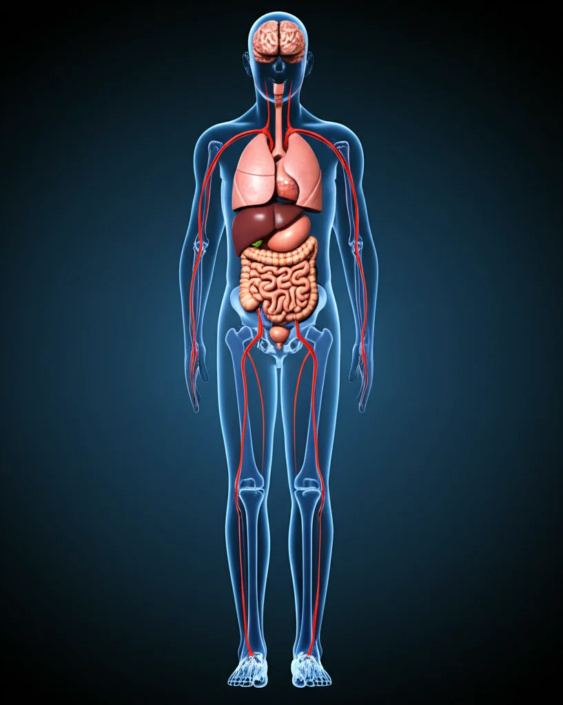 Illustrazione medica che mostra la diffusione del Mycobacterium tuberculosis attraverso il flusso sanguigno verso diversi organi (polmoni, cervello, milza, linfonodi) in un corpo umano stilizzato, sfondo scuro per enfatizzare la disseminazione, alta definizione.