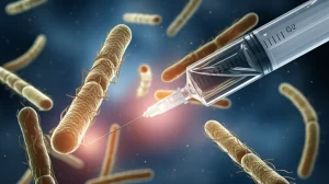 Immagine concettuale ad alta risoluzione che mostra una siringa contenente un vaccino luminoso puntata verso minacciosi batteri Staphylococcus aureus, simboleggiando la nuova speranza nella lotta contro le infezioni resistenti agli antibiotici. Illuminazione drammatica, stile fotorealistico, macro lens, 100mm.