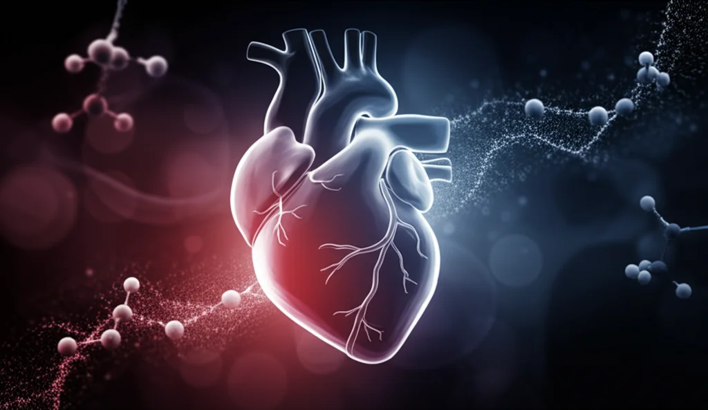 Immagine concettuale astratta che fonde un cuore umano stilizzato con molecole fluttuanti (sfingomieline), colori blu e rosso duotone, profondità di campo, obiettivo prime 35mm, evocativo della connessione tra metabolomica e salute cardiaca.