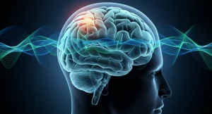 Immagine concettuale di un cervello stilizzato con onde luminose blu e verdi che rappresentano il sollievo dal dolore, su uno sfondo blu scuro e rassicurante. Illuminazione drammatica laterale che crea ombre profonde, obiettivo 50mm, alta definizione, messa a fuoco nitida sul cervello.