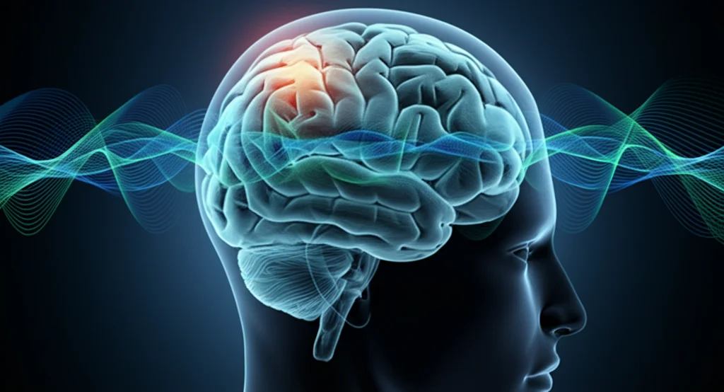 Immagine concettuale di un cervello stilizzato con onde luminose blu e verdi che rappresentano il sollievo dal dolore, su uno sfondo blu scuro e rassicurante. Illuminazione drammatica laterale che crea ombre profonde, obiettivo 50mm, alta definizione, messa a fuoco nitida sul cervello.