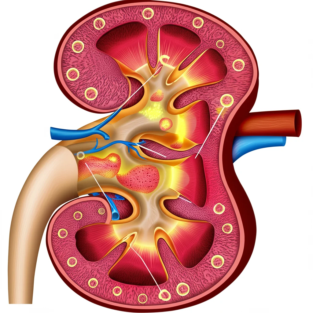 Immagine concettuale fotorealistica, obiettivo macro 85mm, illuminazione controllata, che mostra una sezione trasversale stilizzata di un rene umano con aree luminose che indicano danno acuto (AKI) che sfumano in aree più scure e fibrotiche rappresentanti la malattia cronica (CKD), con un focus su cellule che mostrano il processo di autofagia.