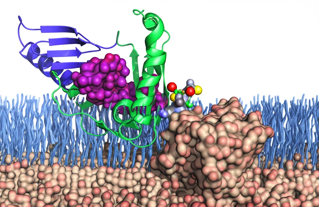 Immagine fotorealistica del trasportatore GAT3 umano inserito in una doppia membrana lipidica, con la molecola dell'inibitore SNAP-5114 legata nel sito ortosterico. La vista dovrebbe essere un primo piano (macro lens, 100mm) con alta definizione (high detail) e illuminazione controllata (controlled lighting) per evidenziare le interazioni molecolari tra la proteina e l'inibitore.