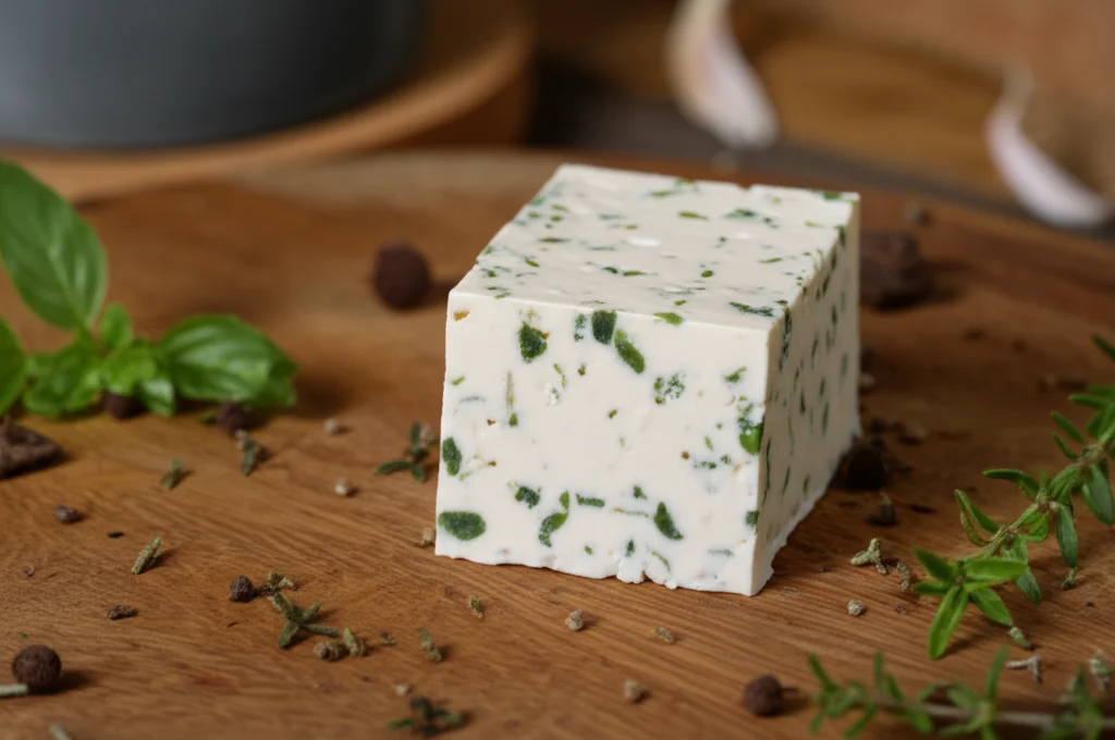 Immagine fotorealistica, still life, lente macro 90mm, di un pezzo di formaggio Dangke di latte di bufala arricchito con probiotici, presentato elegantemente su una superficie di legno rustico, con un leggero contorno di erbe aromatiche. Dettaglio elevato, messa a fuoco precisa, illuminazione controllata che enfatizza la freschezza, la salute e la tradizione.