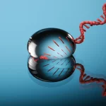Immagine macro ad alta definizione di una goccia di sangue su una superficie di laboratorio, che riflette una struttura a doppia elica del DNA stilizzata, illuminazione controllata e drammatica, obiettivo macro 90mm, focus preciso, high detail.