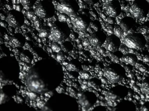 Primo piano estremo di un pezzo di carbone vegetale di Robinia pseudoacacia, obiettivo macro 105mm, alta definizione. La luce controllata evidenzia la complessa struttura porosa e le sfumature nere opache e leggermente lucide della superficie carbonizzata.
