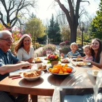 Fotografia grandangolare, obiettivo 20mm, una famiglia di tre generazioni (nonni sorridenti, genitori attenti, bambini vivaci) riunita attorno a un tavolo da pranzo all'aperto in un giardino fiorito, luce solare filtrata dagli alberi, lunga esposizione per un leggero effetto mosso sull'acqua in una fontana vicina, colori saturi, atmosfera di gioia e connessione.