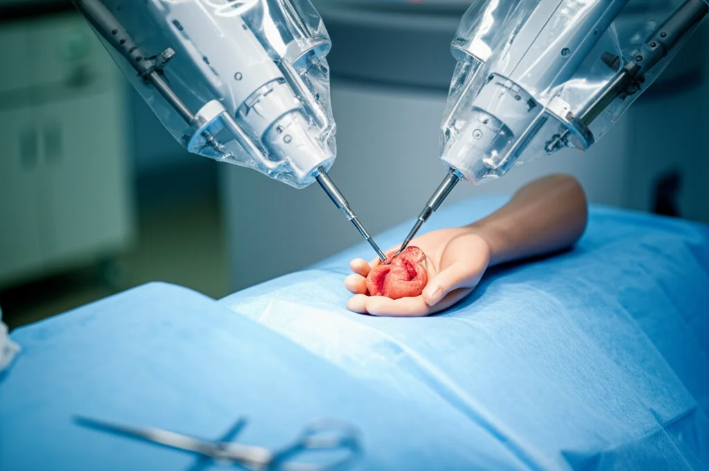 Fotografia macro di un braccio robotico chirurgico Da Vinci che sutura delicatamente un modello di rene umano in un ambiente operatorio sterile, illuminazione controllata, alta definizione, obiettivo macro 100mm, focus preciso sulla sutura.