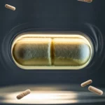 Fotografia realistica, obiettivo macro 90mm, che mostra una compressa di ibuprofene parzialmente immersa in acqua limpida con cellule batteriche di Priestia megaterium visibili nelle vicinanze, simboleggiando il processo di interazione e trasformazione, alto dettaglio, illuminazione controllata che crea riflessi sottili.