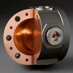 Fotografia still life ad alta definizione di un prototipo compatto di quadrupolo a radiofrequenza (RFQ) multi-materiale, posizionato su una superficie metallica pulita. Metà del componente mostra il rame lucido (CuCr1Zr) della cavità interna, l'altra metà l'acciaio opaco (1.2709) del guscio esterno con flange CF visibili. Obiettivo macro 90mm, illuminazione da studio controllata per evidenziare texture e materiali, messa a fuoco precisa sulla giunzione dei materiali.