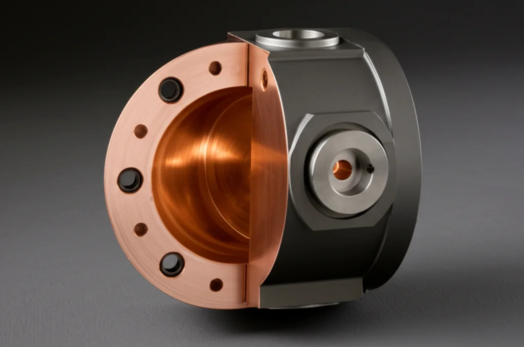 Fotografia still life ad alta definizione di un prototipo compatto di quadrupolo a radiofrequenza (RFQ) multi-materiale, posizionato su una superficie metallica pulita. Metà del componente mostra il rame lucido (CuCr1Zr) della cavità interna, l'altra metà l'acciaio opaco (1.2709) del guscio esterno con flange CF visibili. Obiettivo macro 90mm, illuminazione da studio controllata per evidenziare texture e materiali, messa a fuoco precisa sulla giunzione dei materiali.