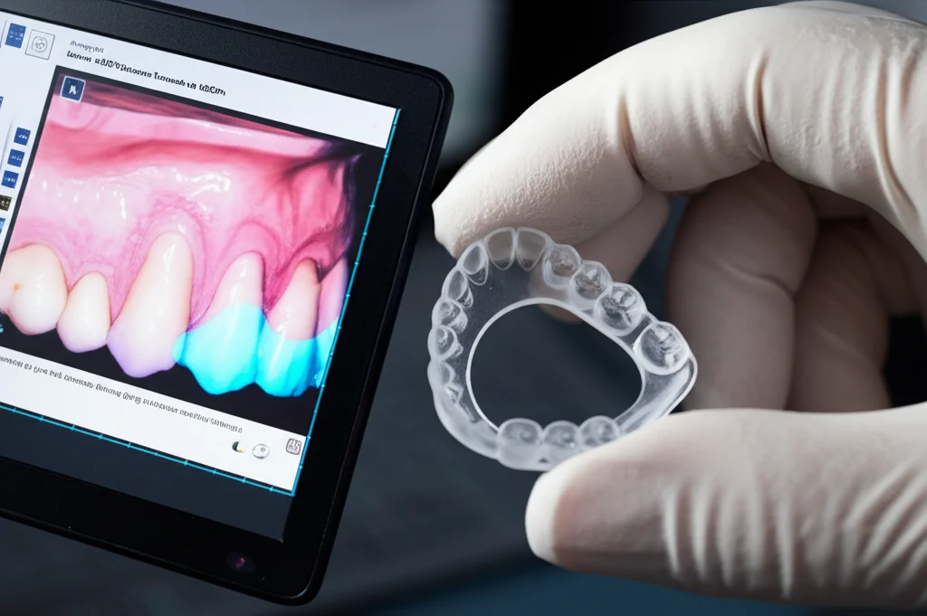 Immagine composita con obiettivo grandangolare da 24mm, messa a fuoco nitida e illuminazione da studio controllata. A sinistra, uno schermo di computer mostra la fusione di dati CBCT e scansione dentale intraorale per la progettazione digitale di una guida chirurgica per MOPs. A destra, la guida chirurgica trasparente stampata in 3D viene tenuta delicatamente tra due dita guantate, evidenziandone la precisione e la complessità.