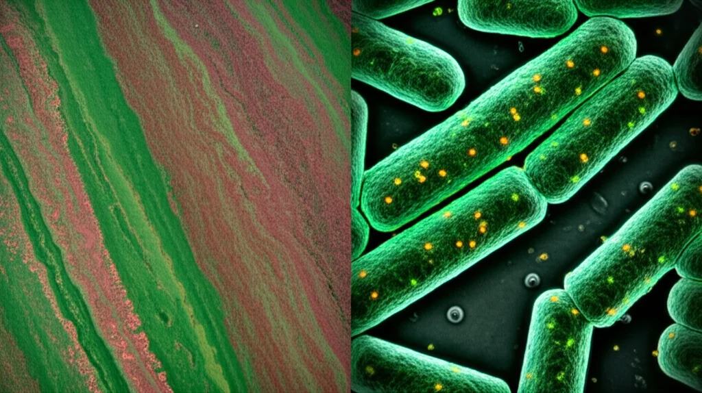 Immagine composita fotorealistica: metà mostra una fioritura algale nociva (HAB) visibile sulla superficie dell'oceano (acqua verdastra/rossastra), l'altra metà è una vista ingrandita al microscopio di batteri marini con proteine fluorescenti sulla membrana (simili a recettori TonB). Macro lens per la parte batterica (100mm, high detail, precise focusing), wide-angle per la fioritura (20mm), transizione fluida tra le due metà, illuminazione drammatica che collega il mondo microscopico a quello macroscopico.