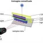 Immagine concettuale ad alto dettaglio del sistema LumaCam per imaging a neutroni. Si vede un fascio di neutroni che interagisce con un campione complesso, la luce generata da uno scintillatore ampio (120x120mm) viene catturata da un sistema ottico e diretta verso un sensore Timepix3. Macro lens, 100mm, high detail, precise focusing, controlled lighting, scientific visualization.