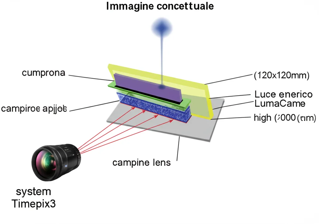 Immagine concettuale ad alto dettaglio del sistema LumaCam per imaging a neutroni. Si vede un fascio di neutroni che interagisce con un campione complesso, la luce generata da uno scintillatore ampio (120x120mm) viene catturata da un sistema ottico e diretta verso un sensore Timepix3. Macro lens, 100mm, high detail, precise focusing, controlled lighting, scientific visualization.