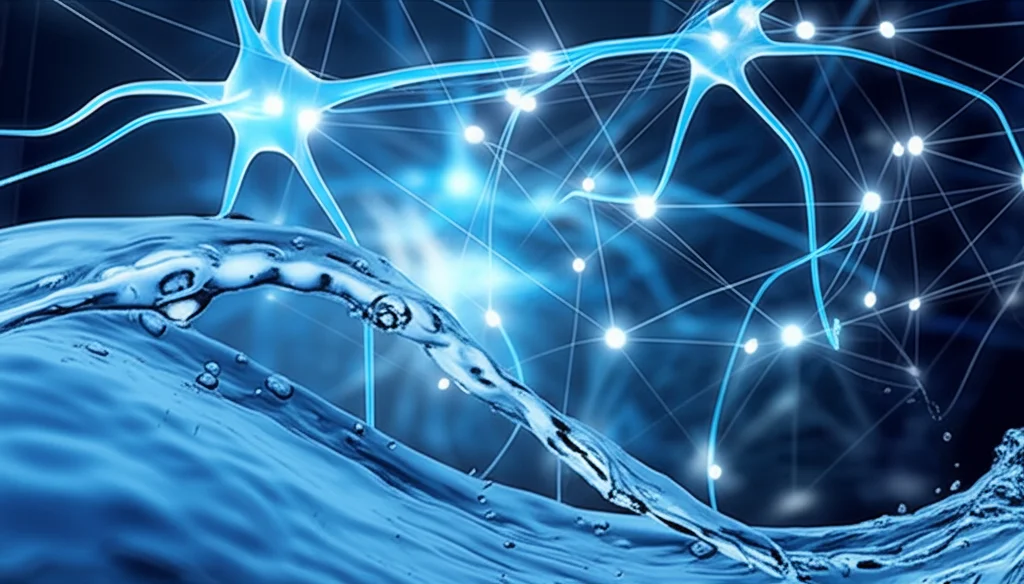 Immagine fotorealistica concettuale che mostra una sovrapposizione tra un primo piano di un liquido blu trasparente che scorre dinamicamente creando onde e vortici, e una rappresentazione astratta e luminosa di reti neurali attive nel cervello umano sullo sfondo. L'illuminazione mette in risalto il liquido. Obiettivo prime 35mm, profondità di campo ridotta per sfocare leggermente lo sfondo neurale.