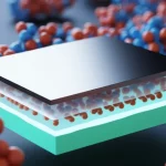 Immagine fotorealistica concettuale di una batteria allo stato solido avanzata. In primo piano, un anodo di alluminio liscio e metallico (pre-litiato) si interfaccia perfettamente con uno strato di elettrolita solido traslucido (LPSCl). Sullo sfondo, particelle di catodo high-nickel (NCM811) rivestite. Illuminazione high-tech, obiettivo macro 85mm, alta definizione, che simboleggia stabilità ed alta energia.