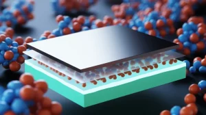 Immagine fotorealistica concettuale di una batteria allo stato solido avanzata. In primo piano, un anodo di alluminio liscio e metallico (pre-litiato) si interfaccia perfettamente con uno strato di elettrolita solido traslucido (LPSCl). Sullo sfondo, particelle di catodo high-nickel (NCM811) rivestite. Illuminazione high-tech, obiettivo macro 85mm, alta definizione, che simboleggia stabilità ed alta energia.