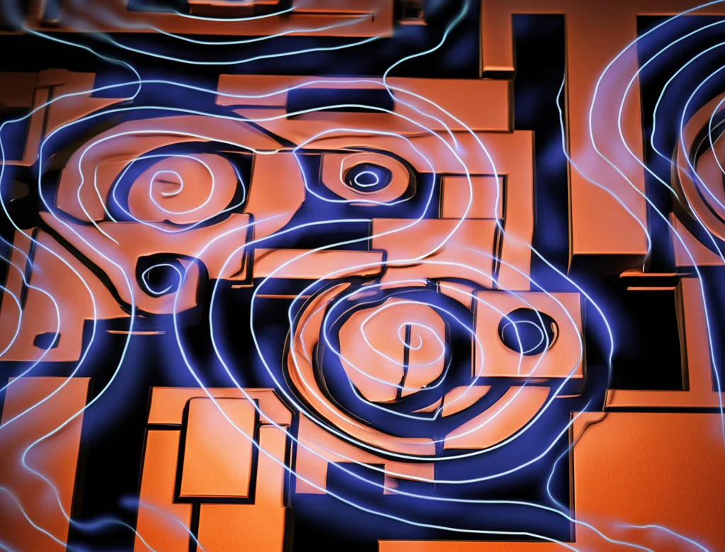 Primo piano fotorealistico di una cella unitaria di metamateriale double-negative (DNG) compatta, con risonatori circolari e rettangolari concentrici in rame lucido su un substrato scuro Rogers RT 5880. Intagli a 45 gradi visibili. Onde energetiche stilizzate bluastre interagiscono con la superficie. Obiettivo macro 90mm, alta definizione, illuminazione drammatica controllata, profondità di campo ridotta.