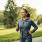 Una donna di mezza età che fa jogging in un parco al mattino presto, un leggero sorriso sul viso, concentrata ma rilassata. Luce dorata dell'alba. Obiettivo prime 50mm, profondità di campo ridotta per sfocare leggermente lo sfondo verdeggiante. Fotografia sportiva, movimento catturato con leggera sfocatura.