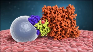 Visualizzazione 3D fotorealistica di una sezione cellulare che mostra la proteina EGFR sulla membrana di un lisosoma (sfera grigiastra). EGFR (struttura complessa blu/viola) interagisce con Rheb (piccola proteina gialla), facilitando il caricamento di GTP (sfera rossa luminosa) su Rheb. Questo attiva il complesso mTORC1 (grande struttura multimerica arancione/rossa) anch'esso localizzato sul lisosoma. Effetto profondità di campo, illuminazione drammatica che evidenzia l'interazione chiave. Obiettivo macro 90mm, alta risoluzione.