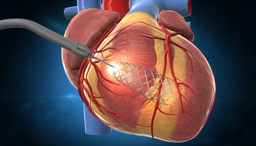 Visualizzazione 3D medica di un cuore umano con arterie coronarie evidenziate, una che mostra un intervento di angioplastica con stent (PCI), obiettivo macro 80mm, alto dettaglio, illuminazione drammatica per enfatizzare l'area dell'intervento.