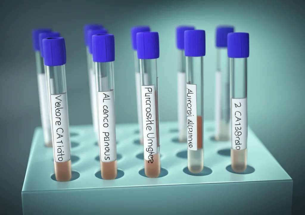 Visualizzazione concettuale del dilemma diagnostico tra pancreatite autoimmune e cancro al pancreas: due percorsi divergenti che originano da un esame del sangue con valore CA19-9 elevato, stile fotorealistico con profondità di campo, obiettivo 50mm, luce drammatica che illumina le provette e i percorsi.