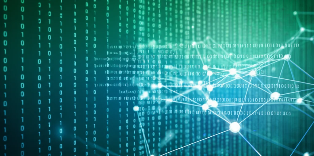 Concetto di Intelligenza Artificiale Spiegabile nella sicurezza di rete: una rete neurale stilizzata e trasparente sovrapposta a un flusso di dati di rete digitali, con nodi chiave illuminati per indicare spiegazioni, fotografia wide-angle 24mm, messa a fuoco nitida, sfondo astratto high-tech blu e verde duotones.