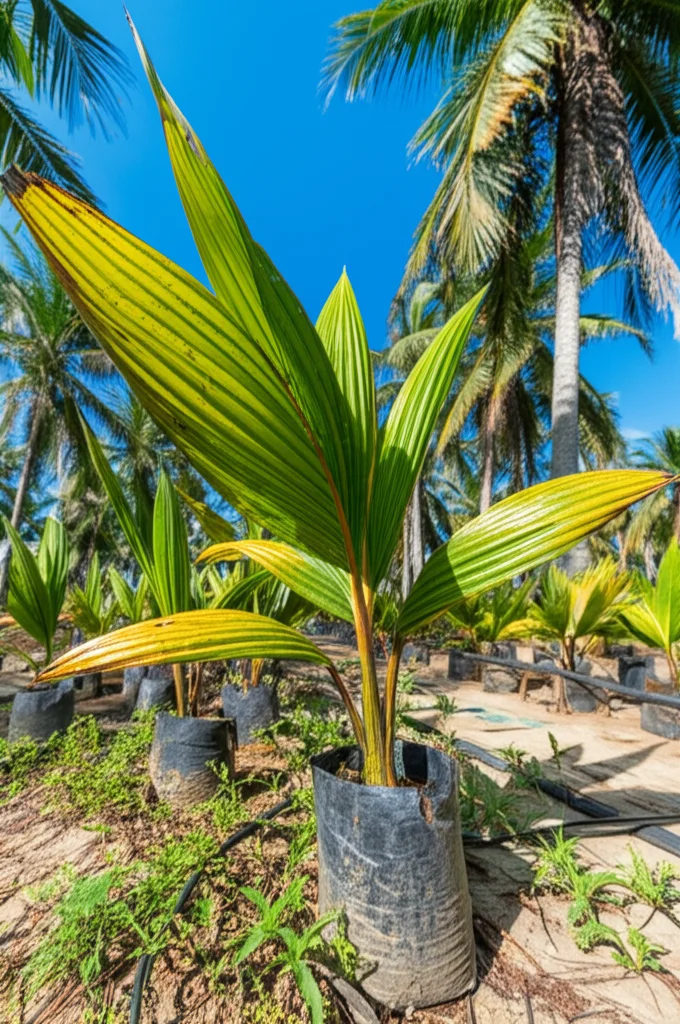 Fotografia paesaggistica di una piantagione di cocco rigogliosa sotto un cielo azzurro intenso, ma con una sezione in primo piano che mostra giovani palme da cocco in vasi sperimentali, alcune delle quali mostrano segni visibili di stress da siccità (foglie leggermente ingiallite/appassite) accanto a piante di controllo sane. Obiettivo grandangolare 24mm, luce naturale del tardo pomeriggio, focus nitido sulle piante sperimentali, profondità di campo che sfuma dolcemente sullo sfondo della piantagione. Simboleggia la ricerca sulla resilienza del cocco.