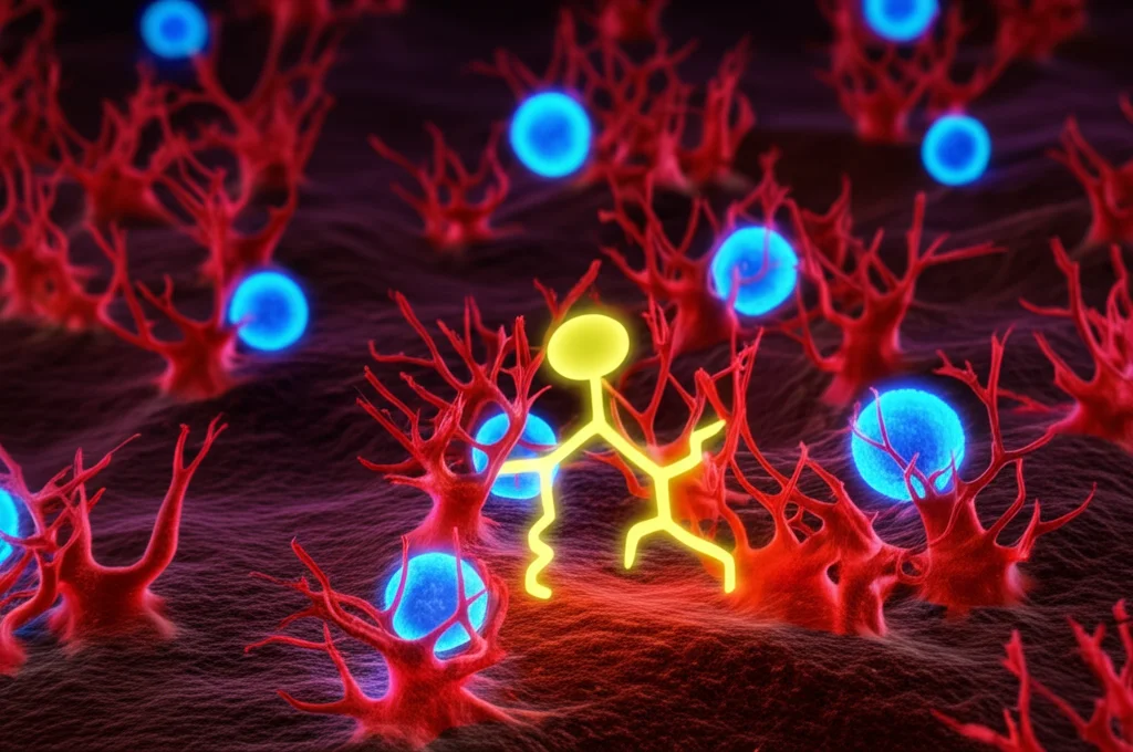 Illustrazione fotorealistica ad alta risoluzione del circolo vizioso tra microglia attivate (strutture ramificate complesse, incandescenti di rosso) e cellule T Th17 (sfere luminose blu) nel tessuto cerebrale infiammato. Una molecola stilizzata del farmaco ACT001 (gialla) si interpone, bloccando la via di segnalazione STING (rappresentata come un fulmine) all'interno della microglia, interrompendo così l'interazione. Obiettivo macro 90mm, illuminazione drammatica e controllata, alta definizione, sfondo scuro per enfatizzare le cellule.