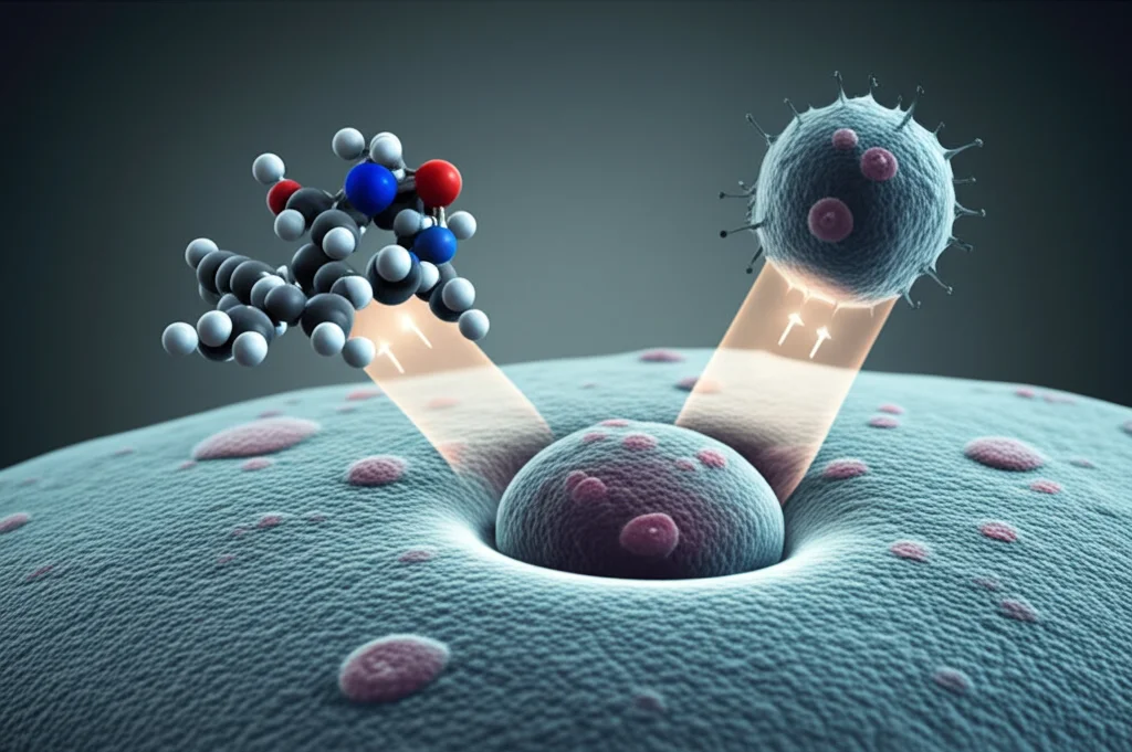 Immagine concettuale fotorealistica che illustra la metformina (molecola stilizzata) che interrompe il segnale IL-6/ERK (frecce luminose interrotte) diretto verso una cellula follicolostellata (PDFS) stilizzata all'interno di un microambiente tumorale ipofisario. Prime lens, 35mm, profondità di campo, duotone blu e grigio per un look scientifico ma accattivante.