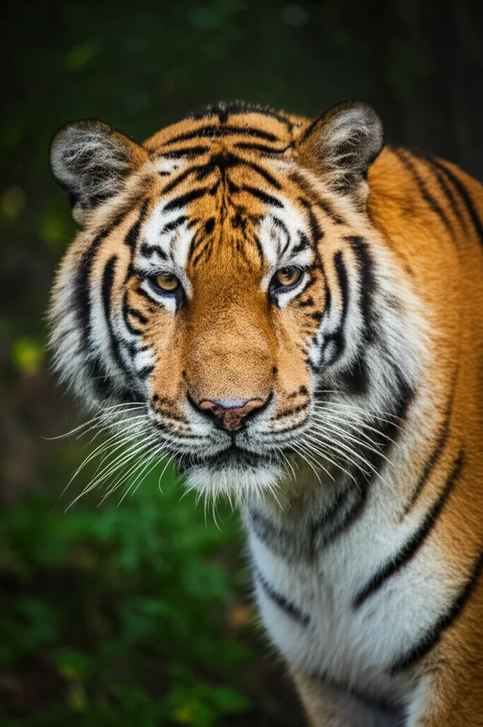 Primo piano intenso di una tigre dell'Amur (Panthera tigris altaica) che emerge dalla vegetazione fitta del Parco Nazionale NTLNP in Cina. Obiettivo prime 85mm, profondità di campo ridotta per isolare il soggetto, luce naturale drammatica che ne illumina il volto, altissima definizione dei dettagli della pelliccia e degli occhi penetranti, evocando la maestosità e la vulnerabilità della specie.