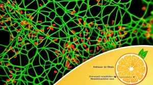 Primo piano macro con lente da 90mm di cellule osteoblastiche sane e vibranti che mostrano segni di attività e mineralizzazione, illuminate con luce controllata per evidenziare la struttura ossea nascente. Accanto, una sezione trasversale stilizzata di un agrume, suggerendo l'origine della Nobiletina. Alta definizione e focus preciso.