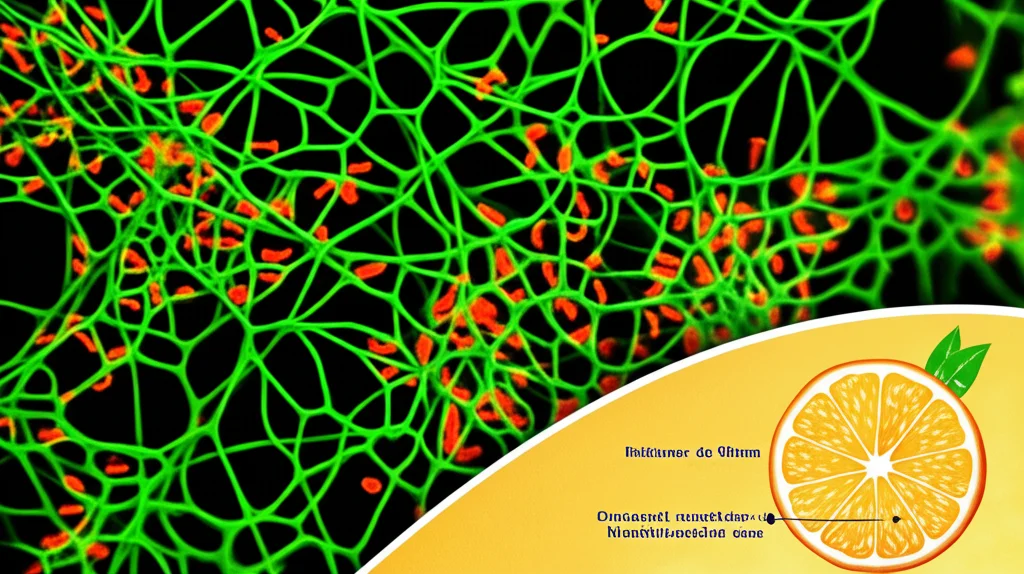 Primo piano macro con lente da 90mm di cellule osteoblastiche sane e vibranti che mostrano segni di attività e mineralizzazione, illuminate con luce controllata per evidenziare la struttura ossea nascente. Accanto, una sezione trasversale stilizzata di un agrume, suggerendo l'origine della Nobiletina. Alta definizione e focus preciso.