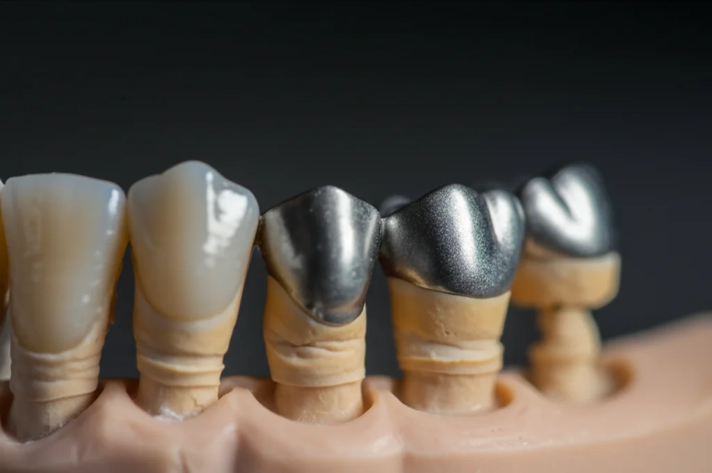 Primo piano macro di una struttura metallica dentale in Cromo-Cobalto perfettamente adattata su un modello di dente preparato, vista al microscopio da laboratorio. Luce focalizzata sui margini per evidenziare la precisione del fit. Obiettivo macro 90mm, alta definizione, sfondo scuro e tecnico.