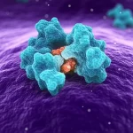 Visualizzazione 3D della proteina WDR77 che interagisce con il suo partner PRMT5 all'interno di un nucleo cellulare di glioma. Obiettivo prime 35mm, stile fotorealistico con dettagli molecolari precisi, illuminazione drammatica che evidenzia il sito di interazione, colori duotone (es. viola e ciano) per un effetto scientifico ma accattivante.