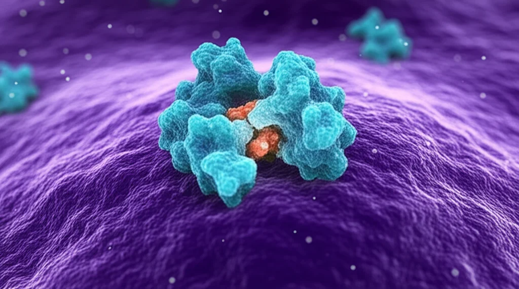 Visualizzazione 3D della proteina WDR77 che interagisce con il suo partner PRMT5 all'interno di un nucleo cellulare di glioma. Obiettivo prime 35mm, stile fotorealistico con dettagli molecolari precisi, illuminazione drammatica che evidenzia il sito di interazione, colori duotone (es. viola e ciano) per un effetto scientifico ma accattivante.