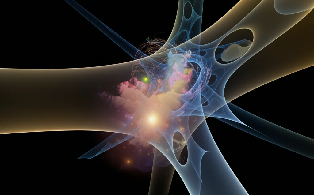 Visualizzazione artistica e fotorealistica dell'intersezione complessa di due superfici quadriche traslucide nello spazio proiettivo P^7, evocando il principio di Hasse e la geometria aritmetica. Le superfici mostrano curvature eleganti e si intersecano in una regione intricata. Obiettivo grandangolare 20mm, messa a fuoco nitida su tutta la scena, illuminazione drammatica con luci e ombre che accentuano le forme tridimensionali in uno spazio astratto a 7 dimensioni.