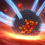 Concetto artistico-scientifico fotorealistico che mostra nanoparticelle HMCN/Au@Hb (sfere scure cave con punti dorati scintillanti e molecole di emoglobina rosse all'interno) disperse all'interno di un tessuto tumorale stilizzato. Onde di microonde (fasci di energia bluastri) convergono sulle nanoparticelle, che emettono calore (sfumature arancioni/rosse intense) e ROS (scintille luminose bianche/gialle). Contemporaneamente, rilasciano molecole di ossigeno (piccole bollicine rosse brillanti) che si diffondono nell'ambiente circostante. Stile macro, alta definizione, illuminazione dinamica e contrastata, focale 70mm.