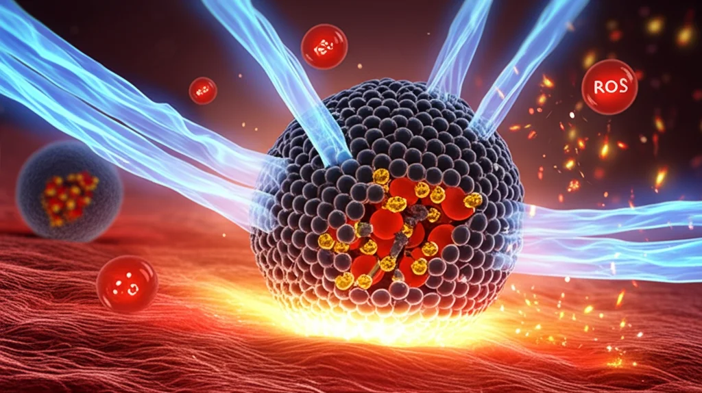Concetto artistico-scientifico fotorealistico che mostra nanoparticelle HMCN/Au@Hb (sfere scure cave con punti dorati scintillanti e molecole di emoglobina rosse all'interno) disperse all'interno di un tessuto tumorale stilizzato. Onde di microonde (fasci di energia bluastri) convergono sulle nanoparticelle, che emettono calore (sfumature arancioni/rosse intense) e ROS (scintille luminose bianche/gialle). Contemporaneamente, rilasciano molecole di ossigeno (piccole bollicine rosse brillanti) che si diffondono nell'ambiente circostante. Stile macro, alta definizione, illuminazione dinamica e contrastata, focale 70mm.