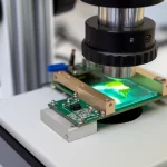Foto realistica del sistema micro-estensometro Camelot integrato con un microscopio ottico. Si vede il dispositivo montato sulla platina del microscopio, con un campione vegetale illuminato. Dettagli nitidi sui componenti meccanici ed elettronici. Obiettivo prime 35mm, profondità di campo media per mostrare sia il setup che lo sfondo del laboratorio sfocato.