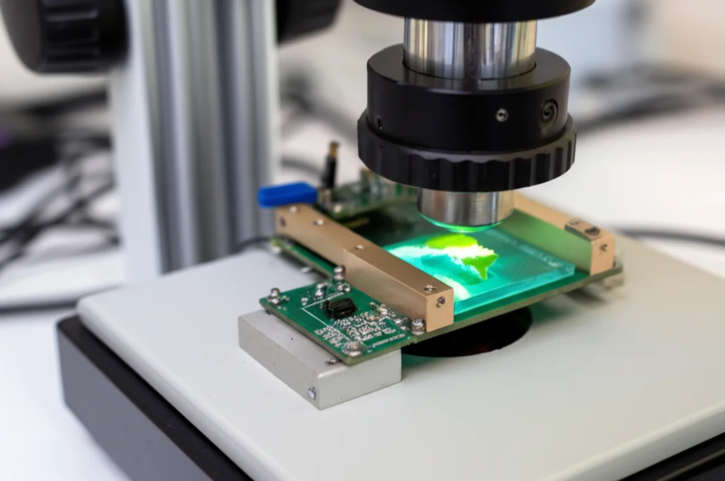 Foto realistica del sistema micro-estensometro Camelot integrato con un microscopio ottico. Si vede il dispositivo montato sulla platina del microscopio, con un campione vegetale illuminato. Dettagli nitidi sui componenti meccanici ed elettronici. Obiettivo prime 35mm, profondità di campo media per mostrare sia il setup che lo sfondo del laboratorio sfocato.