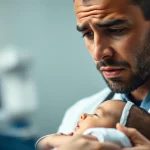 Fotografia ritratto ravvicinata di un pediatra preoccupato ma speranzoso che esamina un neonato che respira con leggera difficoltà, sfondo clinico sfocato, obiettivo primario, 35mm, profondità di campo, enfatizzando la cura e la ricerca.