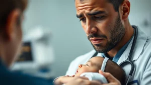 Fotografia ritratto ravvicinata di un pediatra preoccupato ma speranzoso che esamina un neonato che respira con leggera difficoltà, sfondo clinico sfocato, obiettivo primario, 35mm, profondità di campo, enfatizzando la cura e la ricerca.