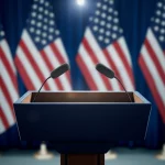 Fotografia simbolica della campagna elettorale USA 2020: un podio vuoto con microfoni sotto i riflettori in un'arena o sala comizi, bandiere americane leggermente sfocate sullo sfondo. Atmosfera carica di attesa e importanza politica. Lente prime 35mm, profondità di campo ridotta per isolare il podio, illuminazione drammatica stile film noir con contrasti forti.
