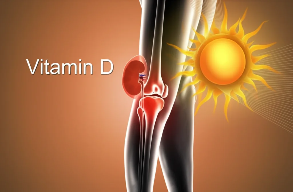 Immagine concettuale che mostra una silhouette di reni sovrapposta a un'articolazione infiammata stilizzata, con un sole stilizzato che emette raggi verso di loro, simboleggiando il legame tra Vitamina D, artrite reumatoide e malattia renale cronica. Fotografia concettuale, lente prime 50mm, profondità di campo, colori caldi e freddi.