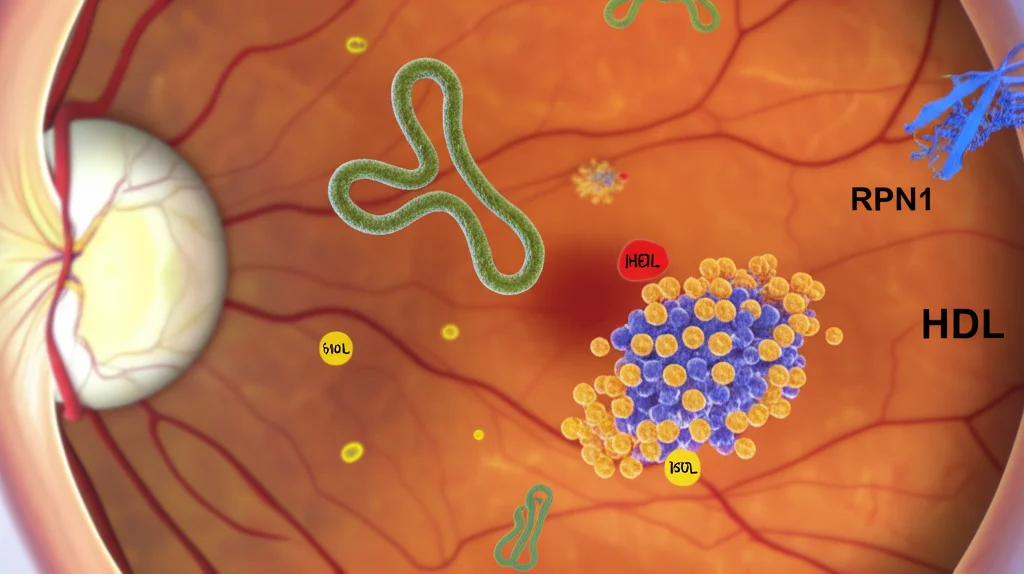 Immagine concettuale scientifica che illustra la connessione tra il metabolismo lipidico e la salute della retina. In primo piano, molecole stilizzate di trigliceridi e HDL fluttuano vicino a strutture proteiche (DKK3, RPN1). Sullo sfondo, una rappresentazione sfocata ma riconoscibile di una retina umana con la sua rete vascolare. Lente macro 80mm, alta definizione, illuminazione da laboratorio controllata, focus selettivo sulle molecole in primo piano, colori vibranti ma realistici.