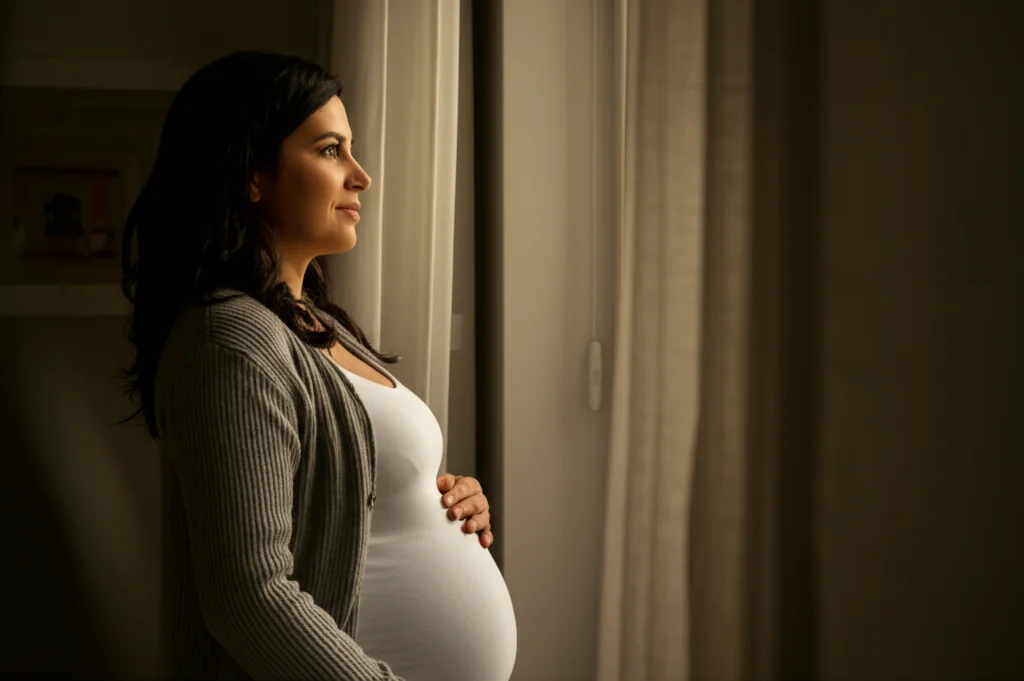 Immagine evocativa di una donna incinta serena che guarda fuori da una finestra, simboleggiando la felicità e la consapevolezza (alfabetizzazione sanitaria) durante la gravidanza, luce naturale morbida che entra dalla finestra, obiettivo 35mm, profondità di campo media, toni caldi e positivi.